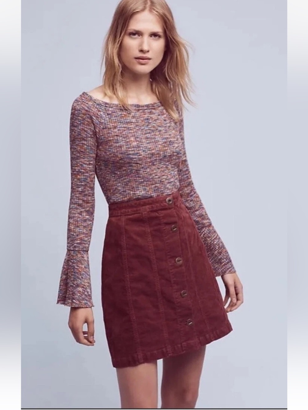 Anthropologie Button-Front Corduroy Midi Skirt in Wine Red - Picture 4 of 11